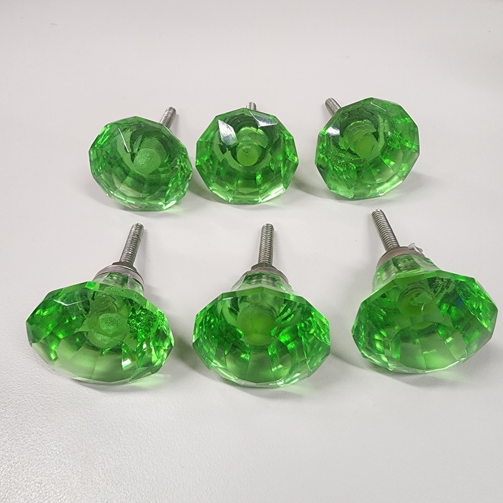 6 Green Glass Drawer Knobs Faceted Diamond-cut Retro MCM style